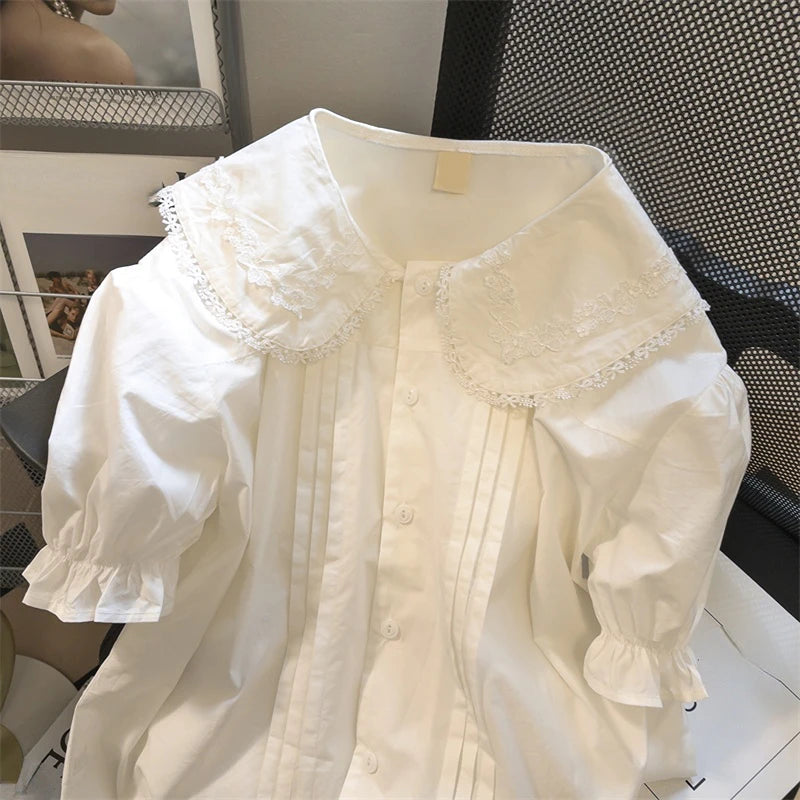 Japanese Cute Shirts Peter Pan Collar Puff Sleeve Solid Color Blouses Pleated Rabbit Ears Patchwork Women Clothes Summer Tops
