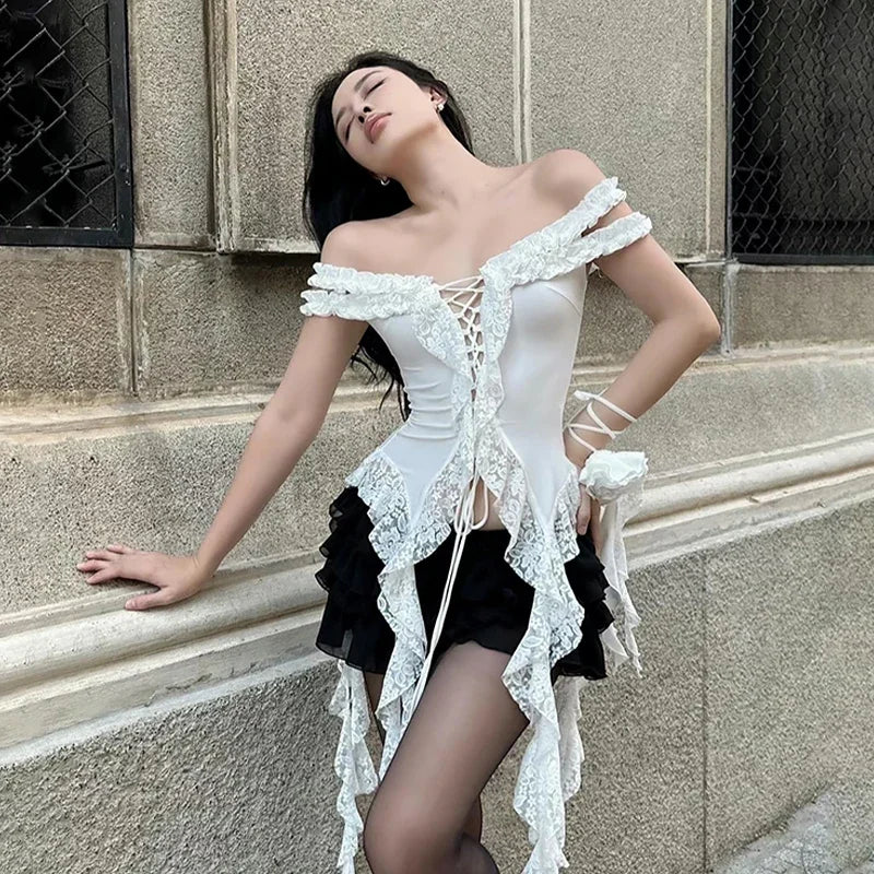 Women Holiday Lace Patchwork Long Tassel Ribbon Off-shoulder Sheath Sweet Top