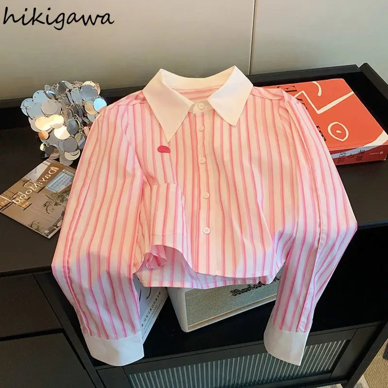 Pink Striped Womens Tops Long Sleeve Temperament Blouses 2025 Blusas Mujer De Moda Fashion Casual Summer Cropped Shirts Blouse