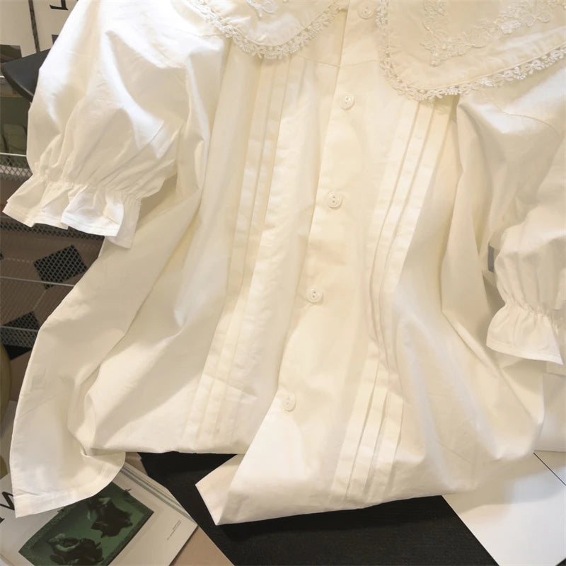 Japanese Cute Shirts Peter Pan Collar Puff Sleeve Solid Color Blouses Pleated Rabbit Ears Patchwork Women Clothes Summer Tops