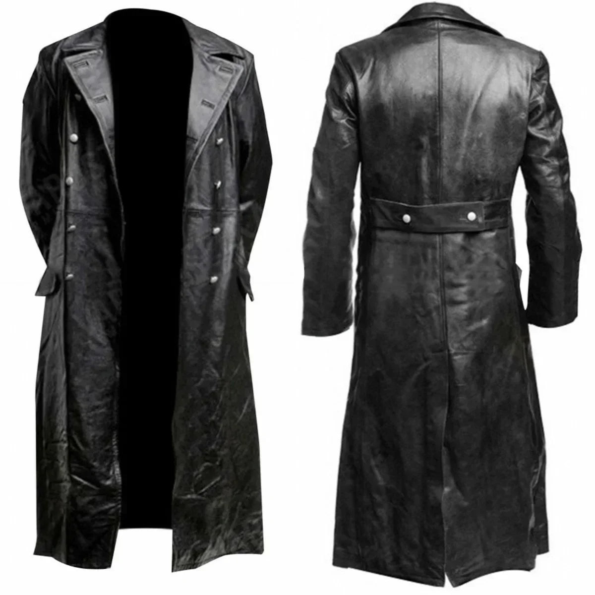 1MEN'S GERMAN CLASSIC WW2 MILITARY UNIFORM OFFICER BLACK REAL LEATHER TRENCH COAT