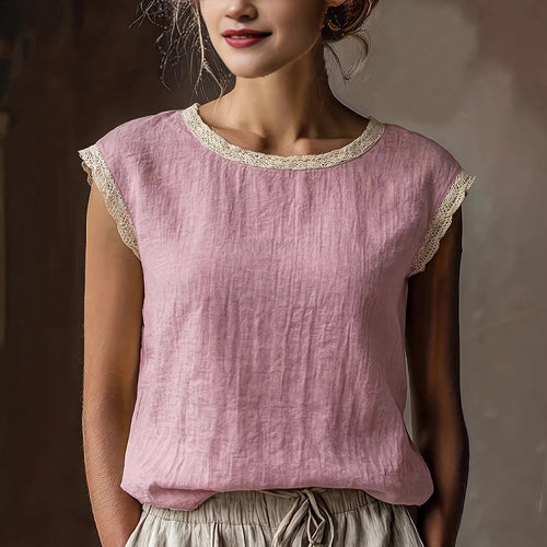 Casual Loose Linen Tops Women Summer 2026 Fashion Solid Color Short Sleeve O-neck Blouses And Shirts Elegant