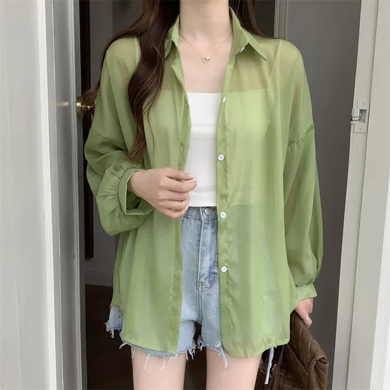 Pastel Button Down Shirt Sheer Chiffon Oversized Long Sleeve Airy Top Cover Up Teen-girl Women's Shirts Blouse Casual Outfit