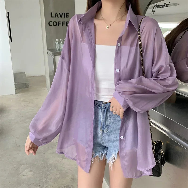 Pastel Button Down Shirt Sheer Chiffon Oversized Long Sleeve Airy Top Cover Up Teen-girl Women's Shirts Blouse Casual Outfit