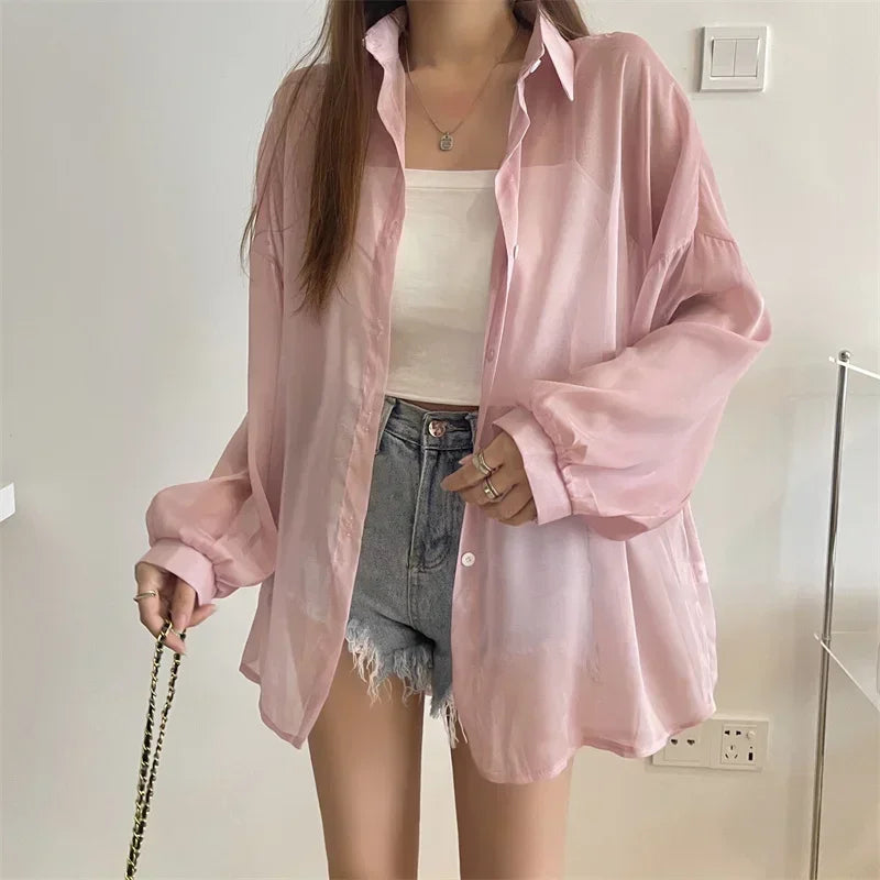Pastel Button Down Shirt Sheer Chiffon Oversized Long Sleeve Airy Top Cover Up Teen-girl Women's Shirts Blouse Casual Outfit