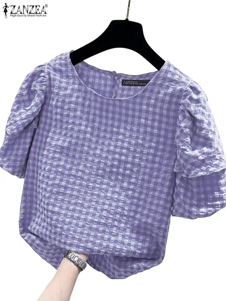 ZANZEA Women Casual Checked Blouses 2024 Summer Short Puff Sleeve O Neck Gingham Blusas Leisure Commute Everyday Shirts Tops