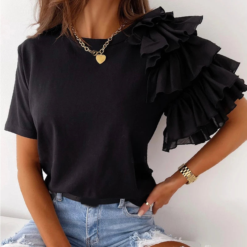 Fashion Ruffled Short Sleeved Women's Blouse Summer Simple Round Neck Elegant Office Irregular T Shirt Solid Casual Tees Tops