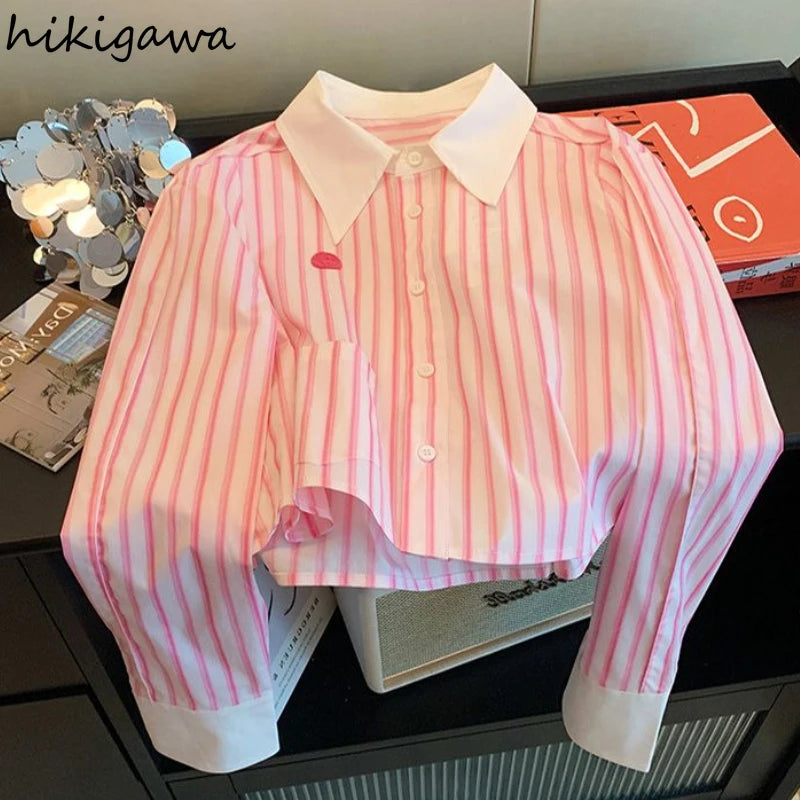 Pink Striped Womens Tops Long Sleeve Temperament Blouses 2025 Blusas Mujer De Moda Fashion Casual Summer Cropped Shirts Blouse