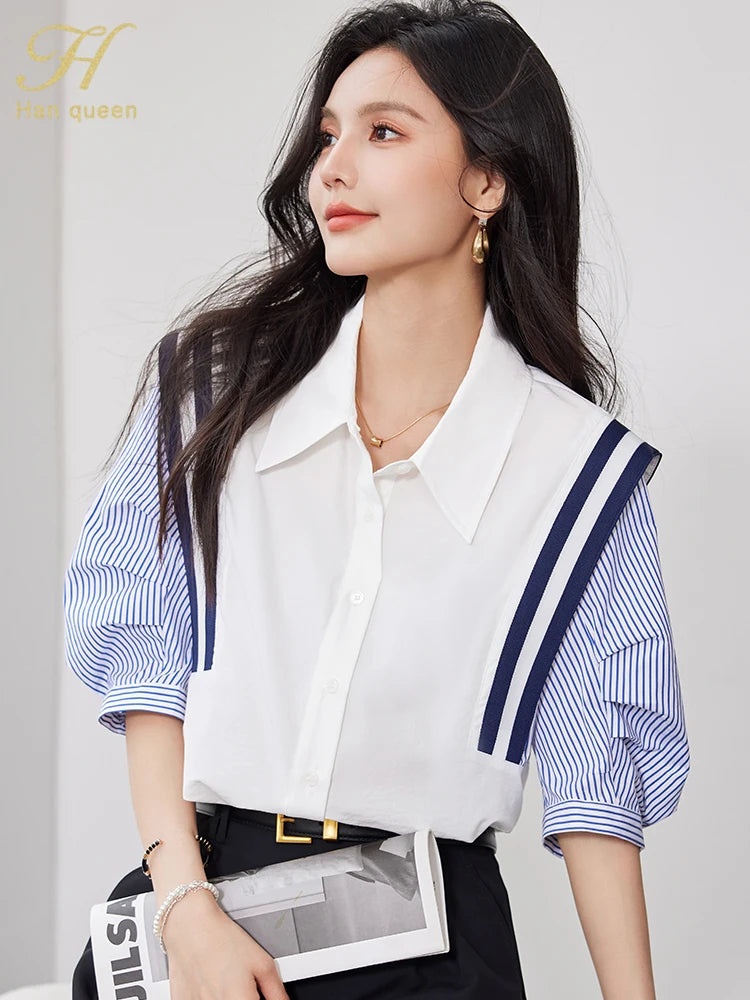 Summer Korean Women Colorblocking Stripes Vintage Tops Chiffon Short Sleeve Casual Office Shirts Elegant Blouse