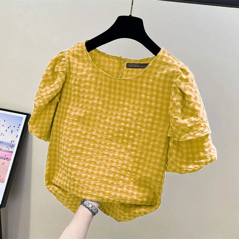 ZANZEA Women Casual Checked Blouses 2024 Summer Short Puff Sleeve O Neck Gingham Blusas Leisure Commute Everyday Shirts Tops
