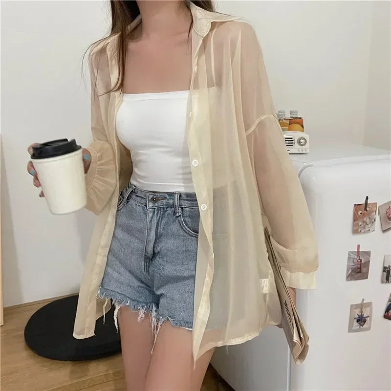 Pastel Button Down Shirt Sheer Chiffon Oversized Long Sleeve Airy Top Cover Up Teen-girl Women's Shirts Blouse Casual Outfit