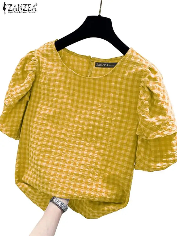 ZANZEA Women Casual Checked Blouses 2024 Summer Short Puff Sleeve O Neck Gingham Blusas Leisure Commute Everyday Shirts Tops