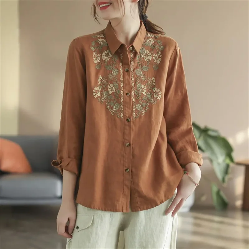 Retro Blouses For Women National Shirt Cotton Linen Shirt Loose Embroidered Blous Laple Long Sleeve Cardigan Top Female Shirts