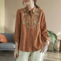 Retro Blouses For Women National Shirt Cotton Linen Shirt Loose Embroidered Blous Laple Long Sleeve Cardigan Top Female Shirts