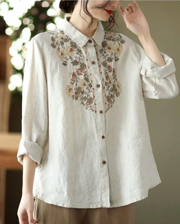 Retro Blouses For Women National Shirt Cotton Linen Shirt Loose Embroidered Blous Laple Long Sleeve Cardigan Top Female Shirts