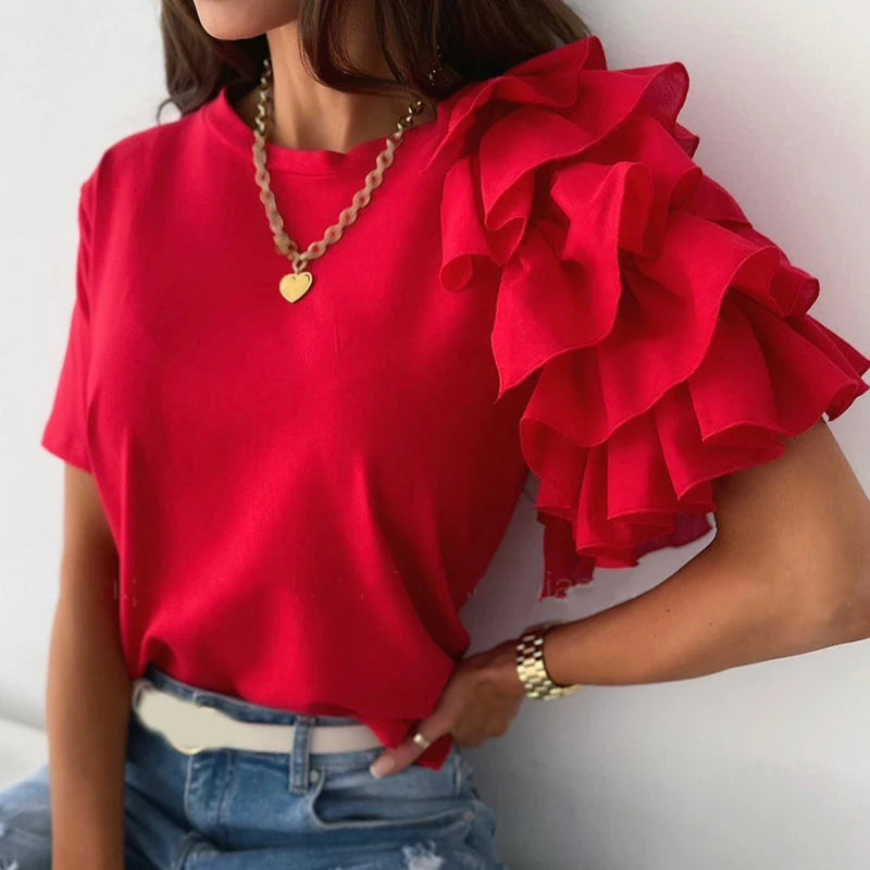 Fashion Ruffled Short Sleeved Women's Blouse Summer Simple Round Neck Elegant Office Irregular T Shirt Solid Casual Tees Tops