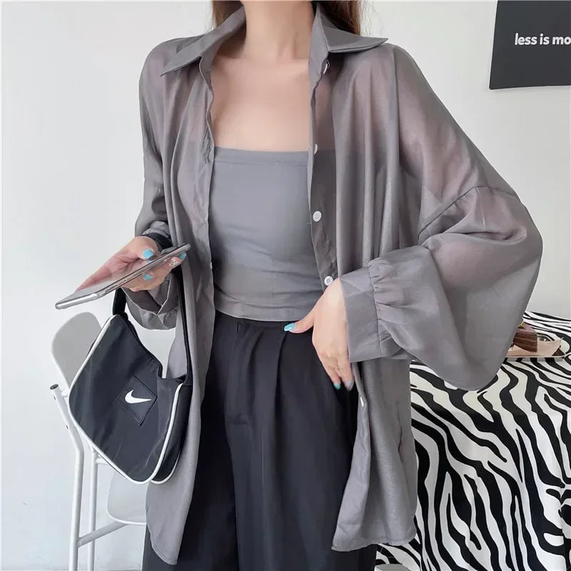 Pastel Button Down Shirt Sheer Chiffon Oversized Long Sleeve Airy Top Cover Up Teen-girl Women's Shirts Blouse Casual Outfit