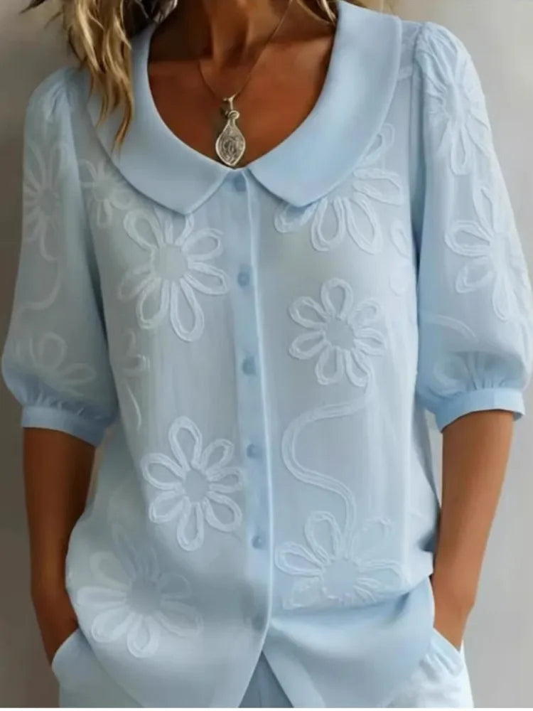 Elegant Flower Printed blouse & Shirts For Women Turn Down Collar Half Sleeve Blouses Women Summer Shirts Office Lady Top blusas