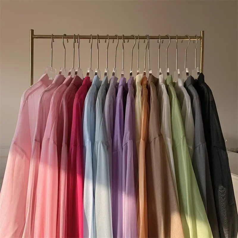 Pastel Button Down Shirt Sheer Chiffon Oversized Long Sleeve Airy Top Cover Up Teen-girl Women's Shirts Blouse Casual Outfit