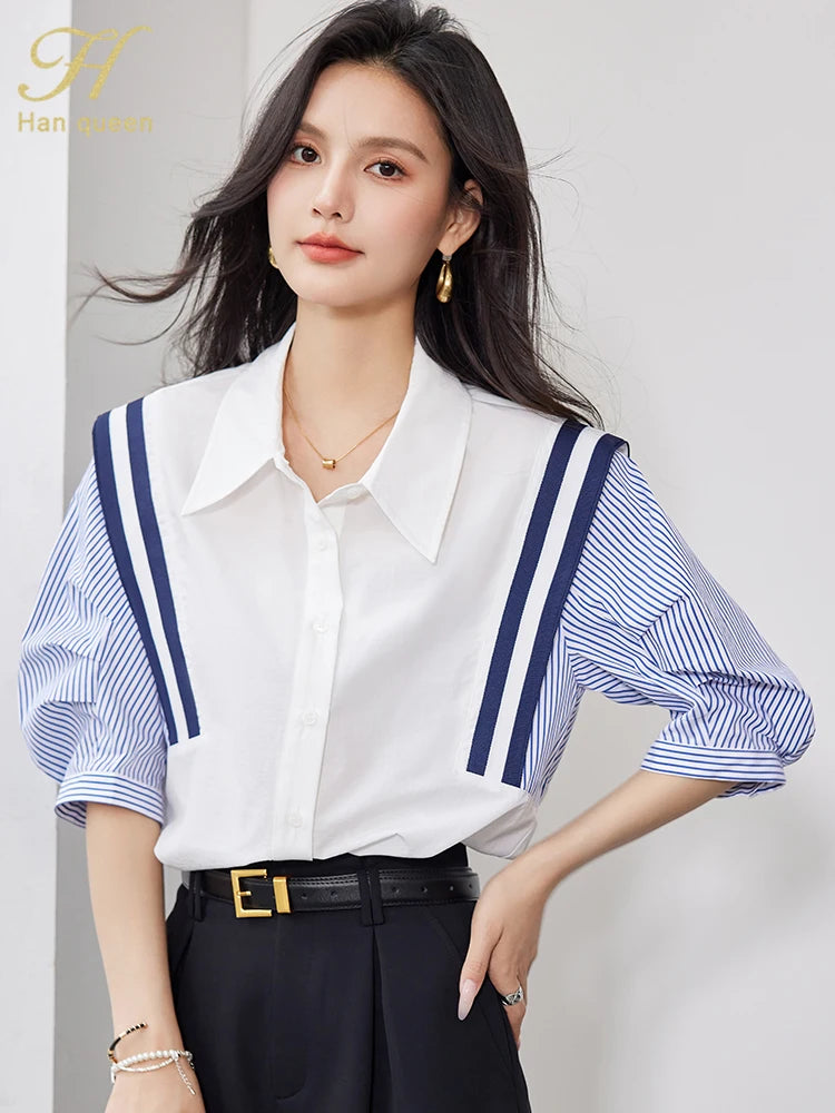 Summer Korean Women Colorblocking Stripes Vintage Tops Chiffon Short Sleeve Casual Office Shirts Elegant Blouse