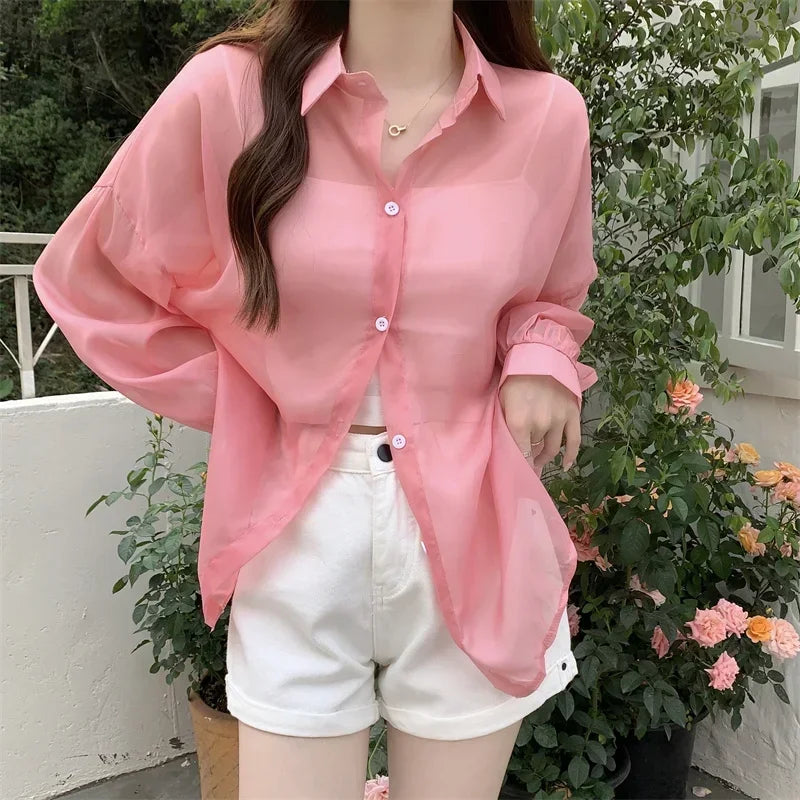 Pastel Button Down Shirt Sheer Chiffon Oversized Long Sleeve Airy Top Cover Up Teen-girl Women's Shirts Blouse Casual Outfit