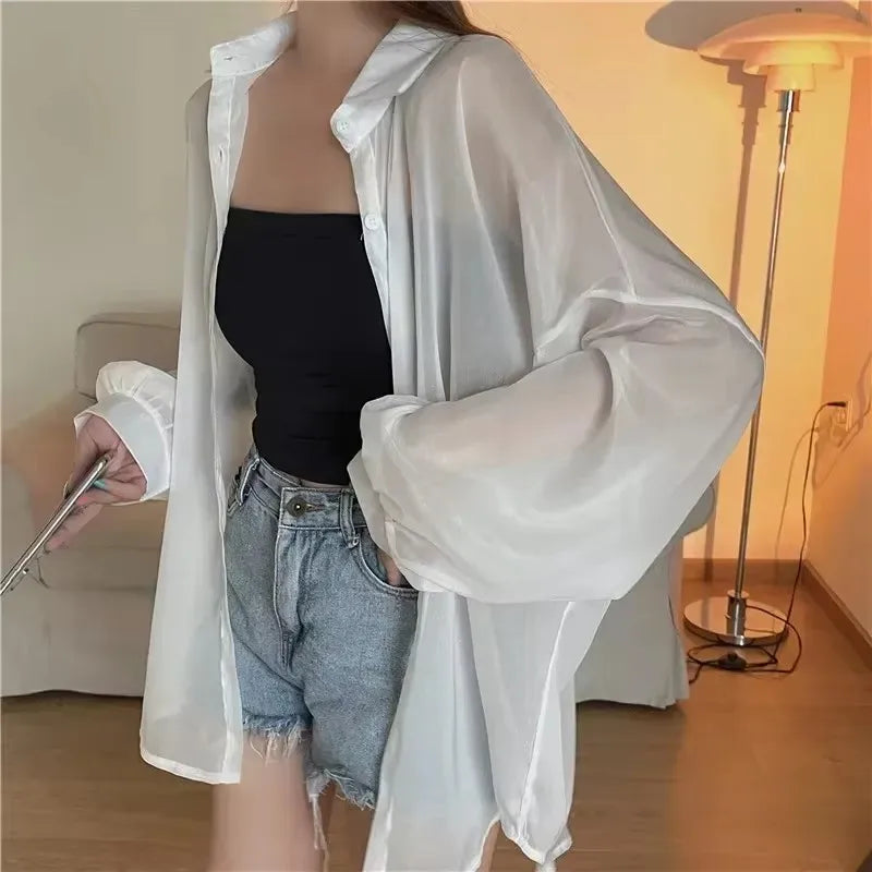 Pastel Button Down Shirt Sheer Chiffon Oversized Long Sleeve Airy Top Cover Up Teen-girl Women's Shirts Blouse Casual Outfit