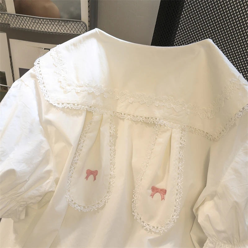 Japanese Cute Shirts Peter Pan Collar Puff Sleeve Solid Color Blouses Pleated Rabbit Ears Patchwork Women Clothes Summer Tops