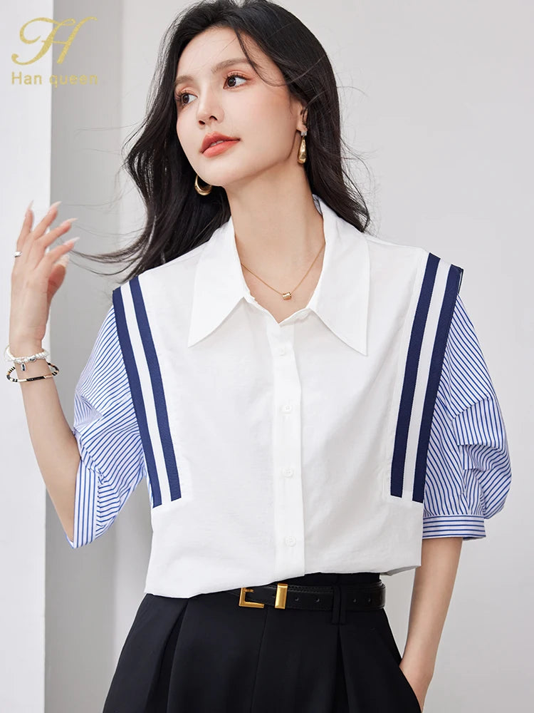 Summer Korean Women Colorblocking Stripes Vintage Tops Chiffon Short Sleeve Casual Office Shirts Elegant Blouse
