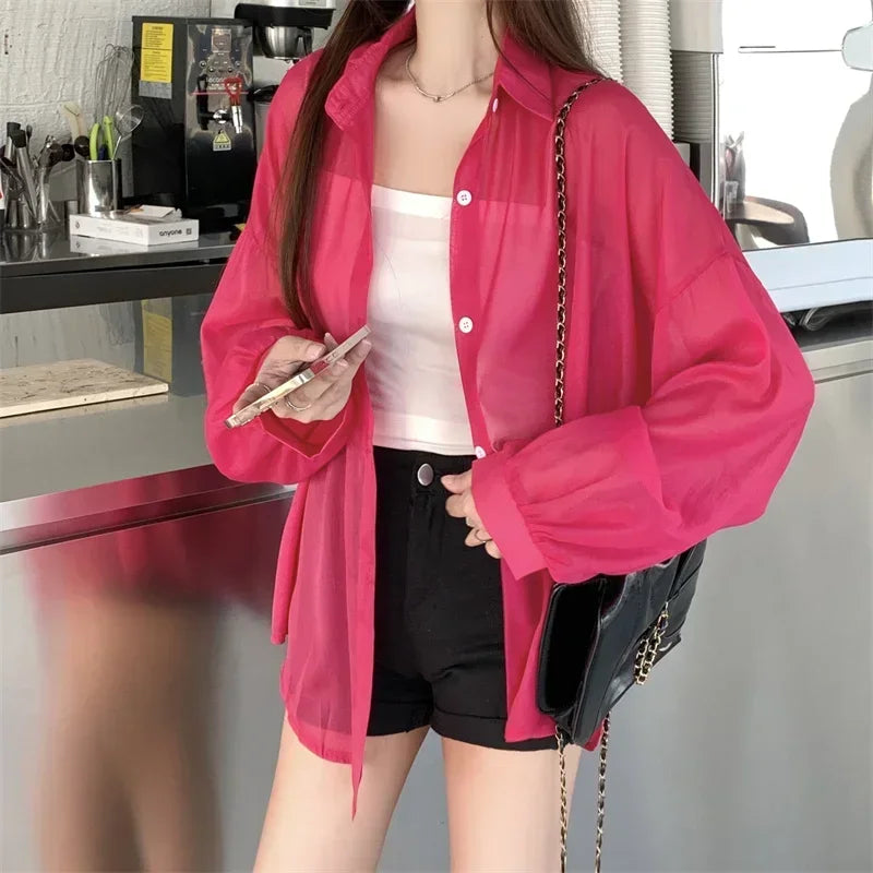 Pastel Button Down Shirt Sheer Chiffon Oversized Long Sleeve Airy Top Cover Up Teen-girl Women's Shirts Blouse Casual Outfit