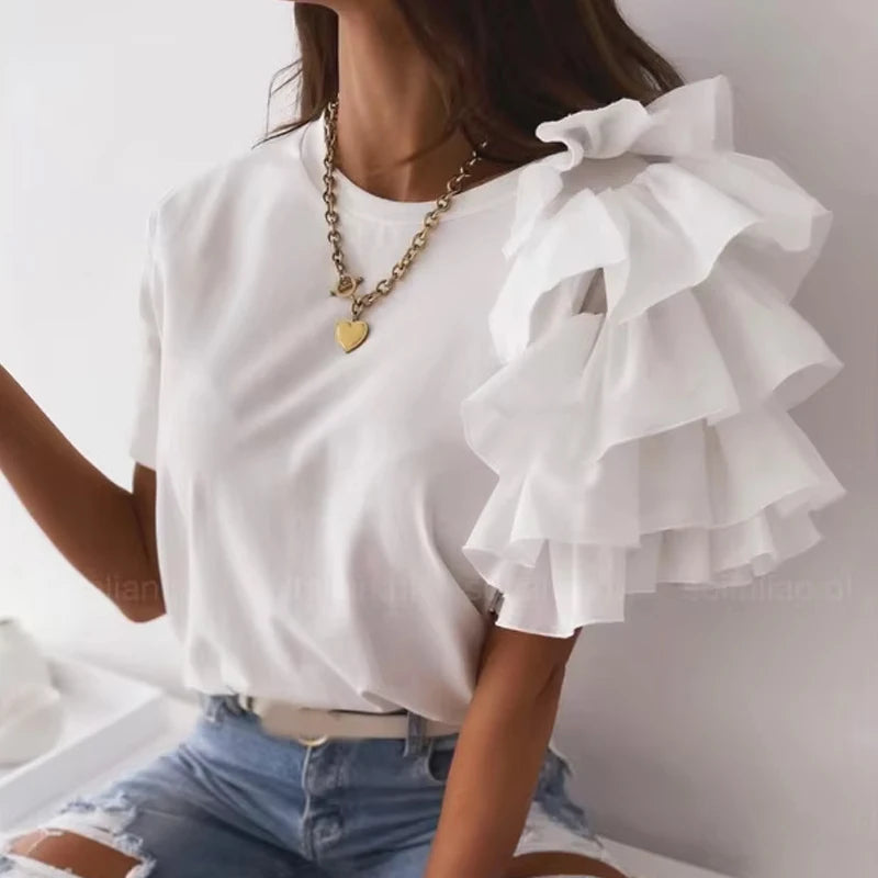 Fashion Ruffled Short Sleeved Women's Blouse Summer Simple Round Neck Elegant Office Irregular T Shirt Solid Casual Tees Tops