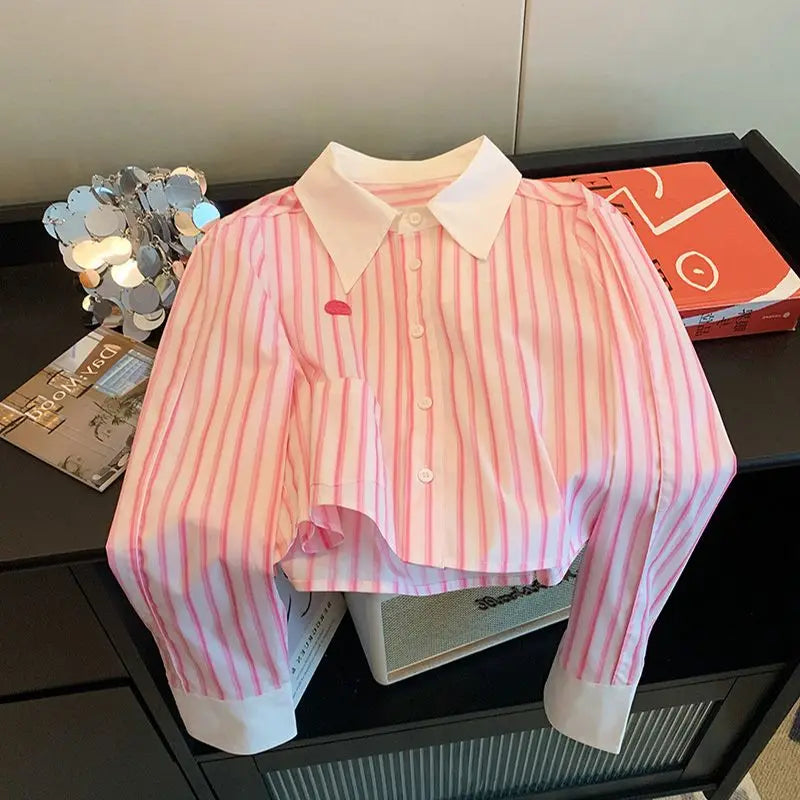 Pink Striped Womens Tops Long Sleeve Temperament Blouses 2025 Blusas Mujer De Moda Fashion Casual Summer Cropped Shirts Blouse