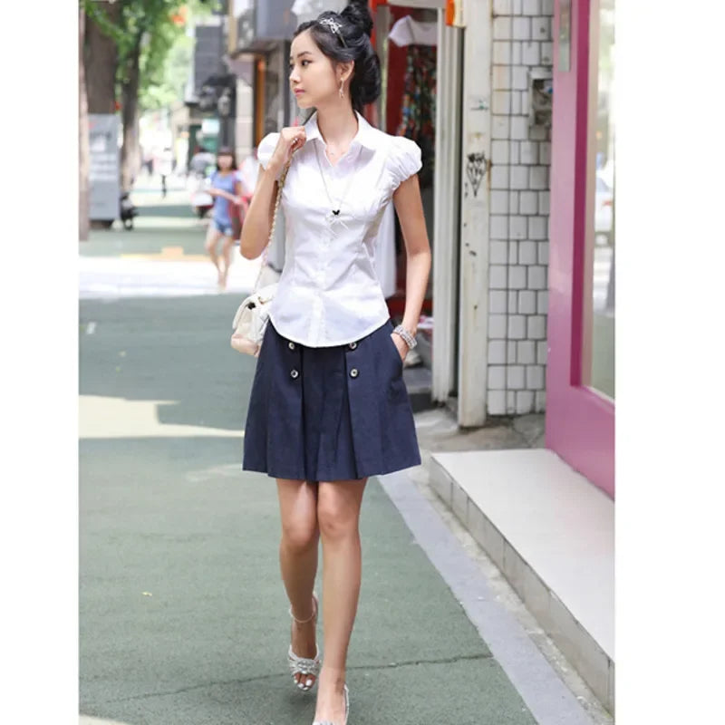 Summer New Women Short Puff Sleeve Turn-down Collar Summer Casual Chiffon Blouses Tops Pockets Shirt Slim Blouse Shirts