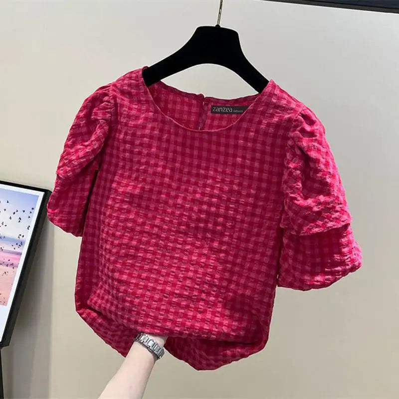 ZANZEA Women Casual Checked Blouses 2024 Summer Short Puff Sleeve O Neck Gingham Blusas Leisure Commute Everyday Shirts Tops