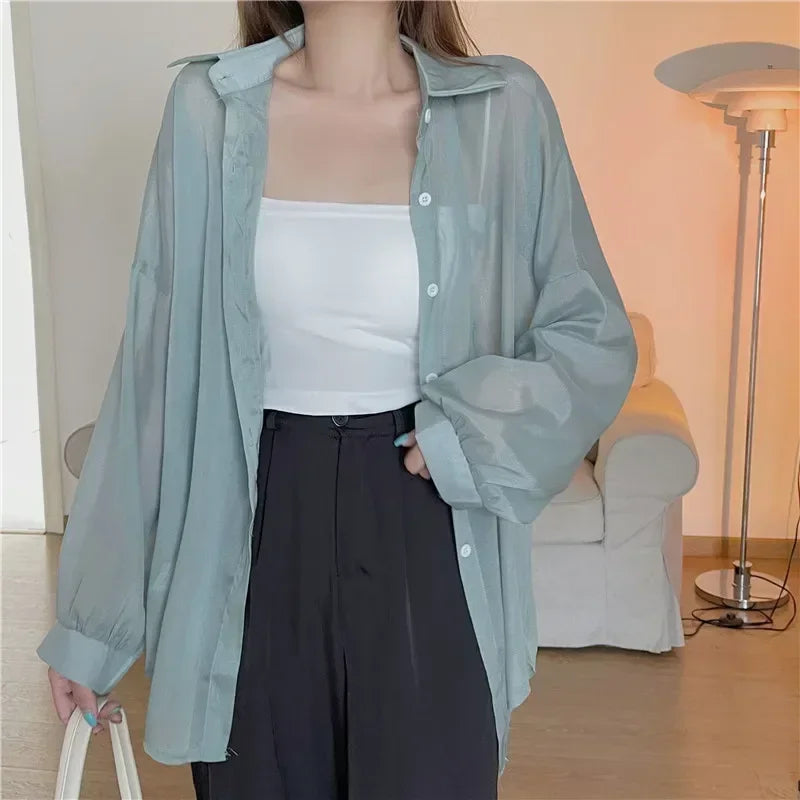 Pastel Button Down Shirt Sheer Chiffon Oversized Long Sleeve Airy Top Cover Up Teen-girl Women's Shirts Blouse Casual Outfit