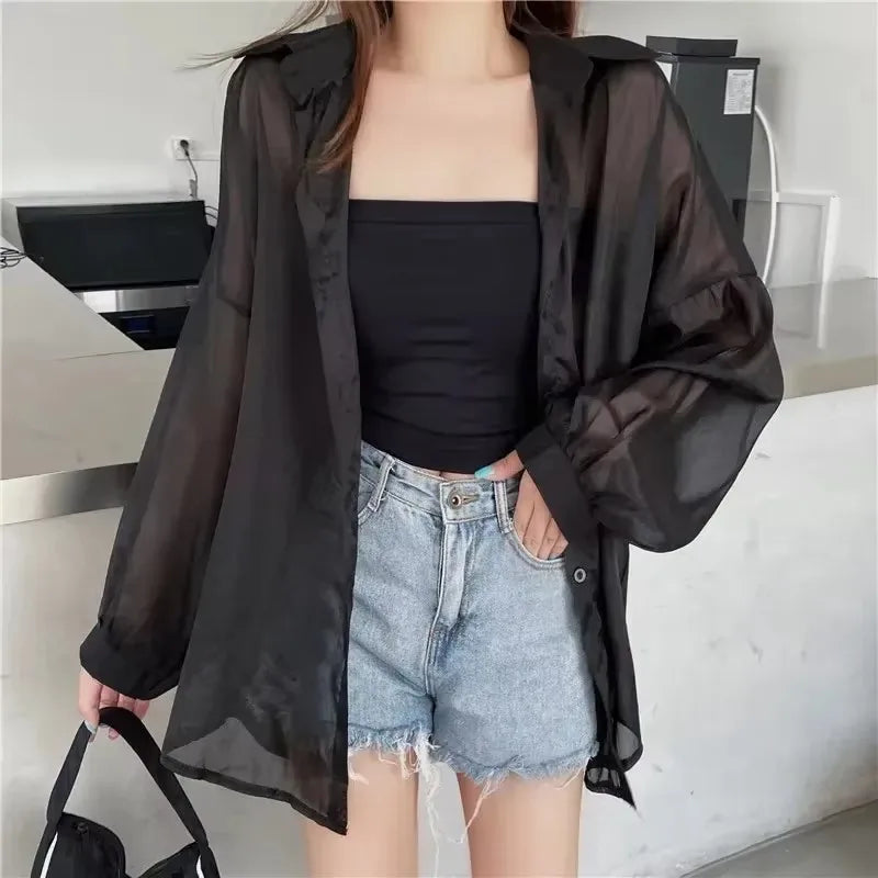 Pastel Button Down Shirt Sheer Chiffon Oversized Long Sleeve Airy Top Cover Up Teen-girl Women's Shirts Blouse Casual Outfit