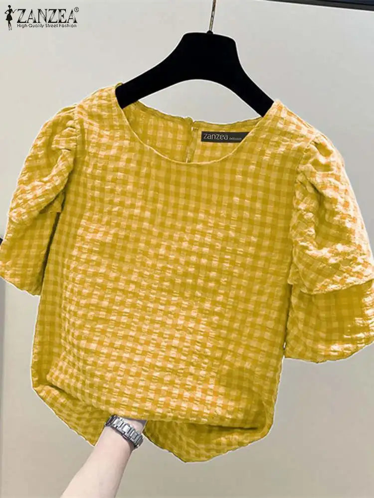 ZANZEA Women Casual Checked Blouses 2024 Summer Short Puff Sleeve O Neck Gingham Blusas Leisure Commute Everyday Shirts Tops