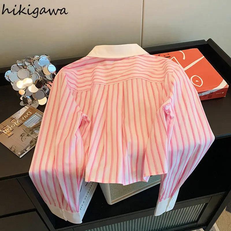 Pink Striped Womens Tops Long Sleeve Temperament Blouses 2025 Blusas Mujer De Moda Fashion Casual Summer Cropped Shirts Blouse