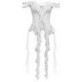 Women Holiday Lace Patchwork Long Tassel Ribbon Off-shoulder Sheath Sweet Top