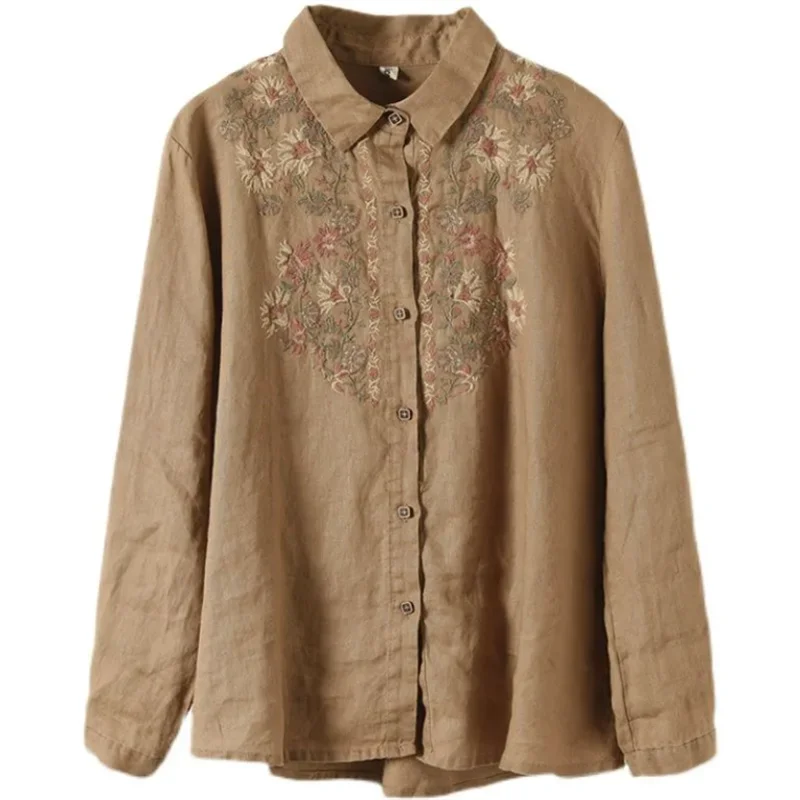 Retro Blouses For Women National Shirt Cotton Linen Shirt Loose Embroidered Blous Laple Long Sleeve Cardigan Top Female Shirts