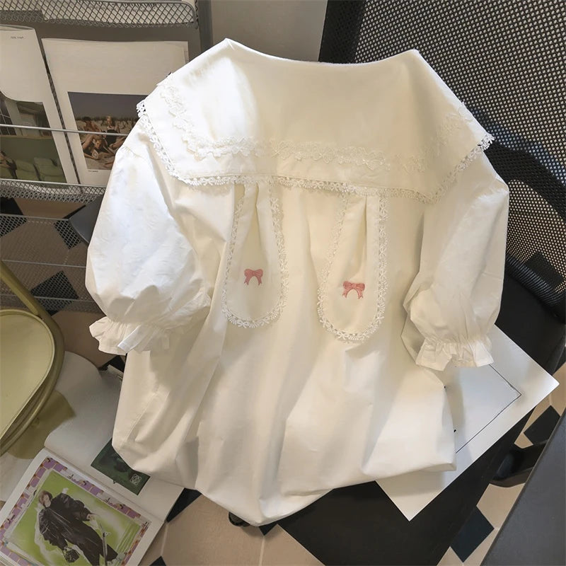 Japanese Cute Shirts Peter Pan Collar Puff Sleeve Solid Color Blouses Pleated Rabbit Ears Patchwork Women Clothes Summer Tops