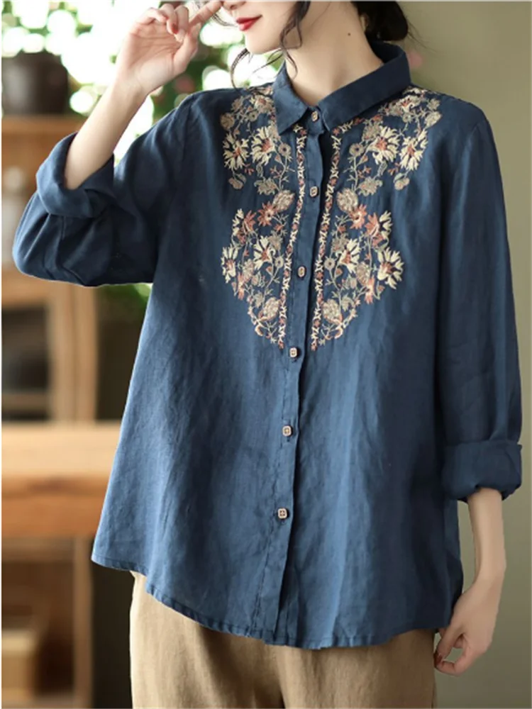 Retro Blouses For Women National Shirt Cotton Linen Shirt Loose Embroidered Blous Laple Long Sleeve Cardigan Top Female Shirts