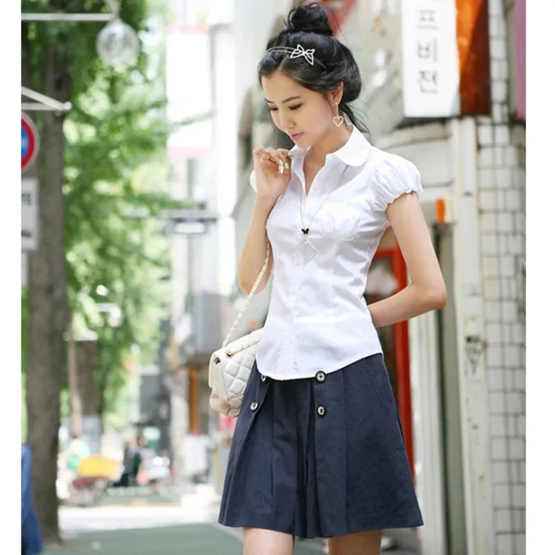 Summer New Women Short Puff Sleeve Turn-down Collar Summer Casual Chiffon Blouses Tops Pockets Shirt Slim Blouse Shirts