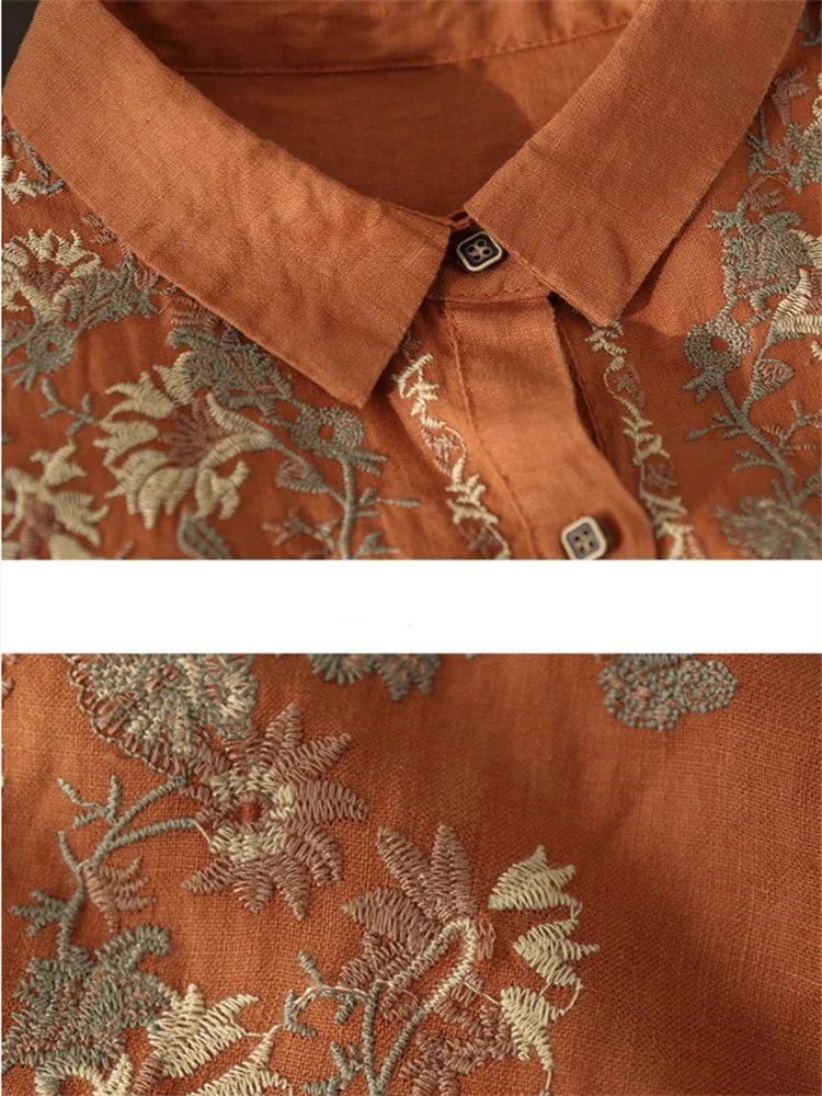 Retro Blouses For Women National Shirt Cotton Linen Shirt Loose Embroidered Blous Laple Long Sleeve Cardigan Top Female Shirts