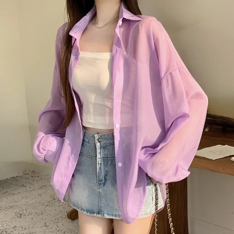 Pastel Button Down Shirt Sheer Chiffon Oversized Long Sleeve Airy Top Cover Up Teen-girl Women's Shirts Blouse Casual Outfit