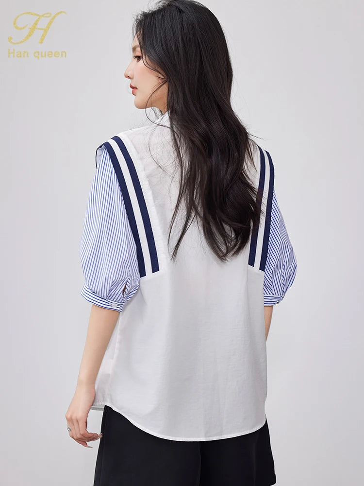 Summer Korean Women Colorblocking Stripes Vintage Tops Chiffon Short Sleeve Casual Office Shirts Elegant Blouse