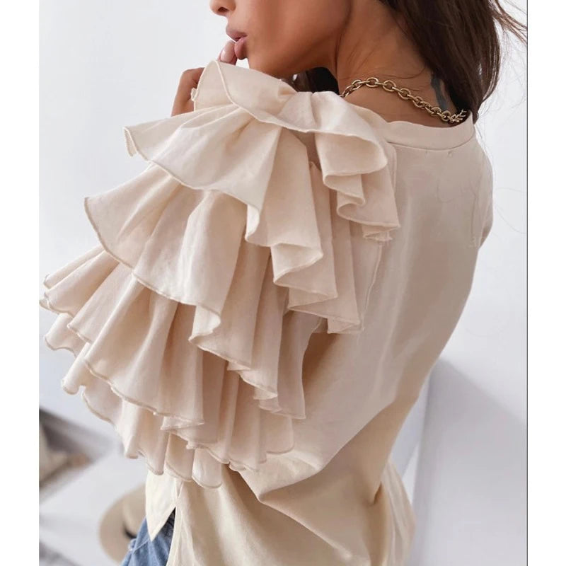 Fashion Ruffled Short Sleeved Women's Blouse Summer Simple Round Neck Elegant Office Irregular T Shirt Solid Casual Tees Tops