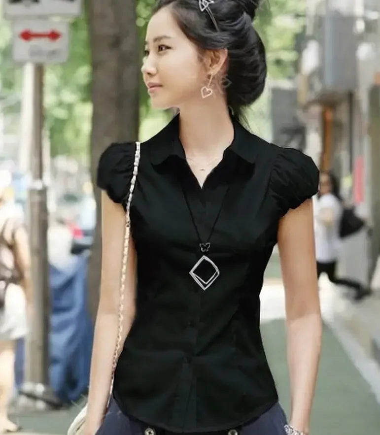 Summer New Women Short Puff Sleeve Turn-down Collar Summer Casual Chiffon Blouses Tops Pockets Shirt Slim Blouse Shirts