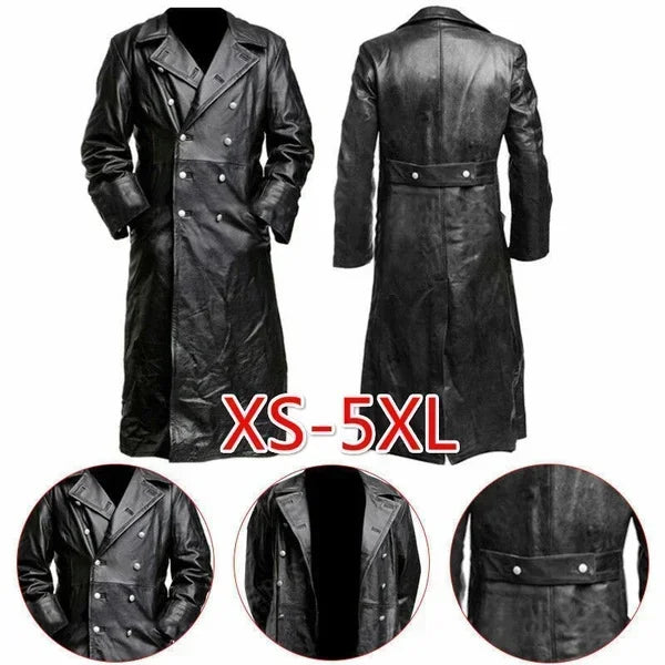 1MEN'S GERMAN CLASSIC WW2 MILITARY UNIFORM OFFICER BLACK REAL LEATHER TRENCH COAT