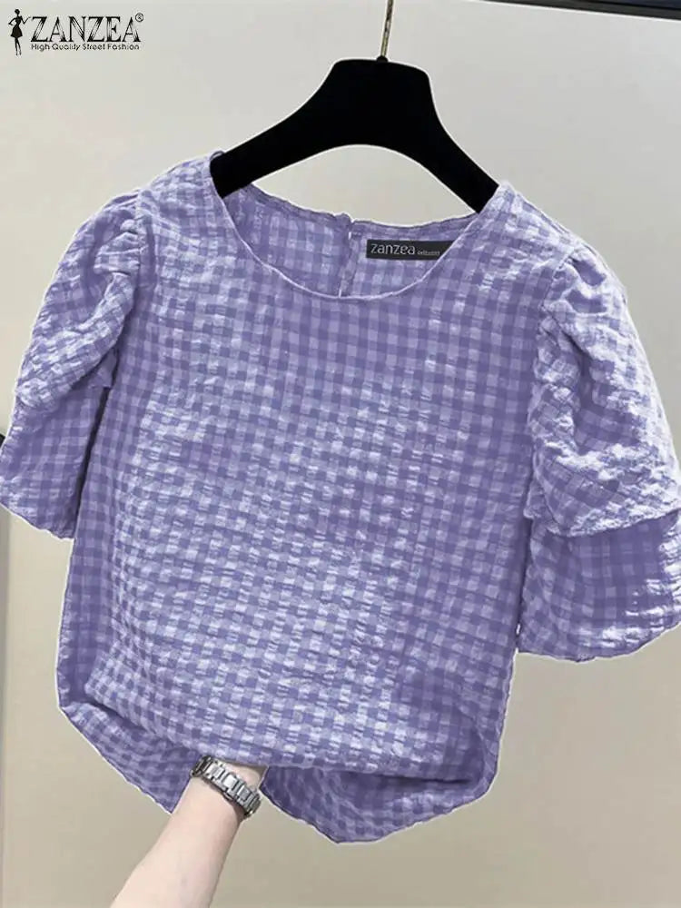 ZANZEA Women Casual Checked Blouses 2024 Summer Short Puff Sleeve O Neck Gingham Blusas Leisure Commute Everyday Shirts Tops