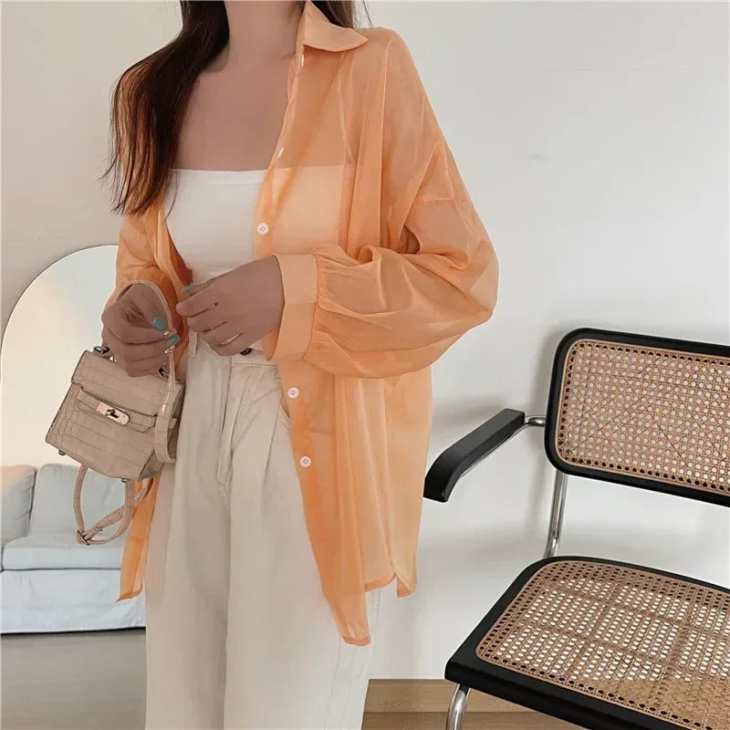 Pastel Button Down Shirt Sheer Chiffon Oversized Long Sleeve Airy Top Cover Up Teen-girl Women's Shirts Blouse Casual Outfit
